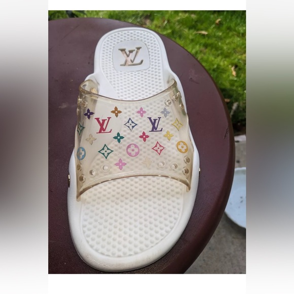 Authentic Louis Vuitton Monogram White W/Multi Color Beach Sandals. Size-39. EUC - Picture 3 of 6
